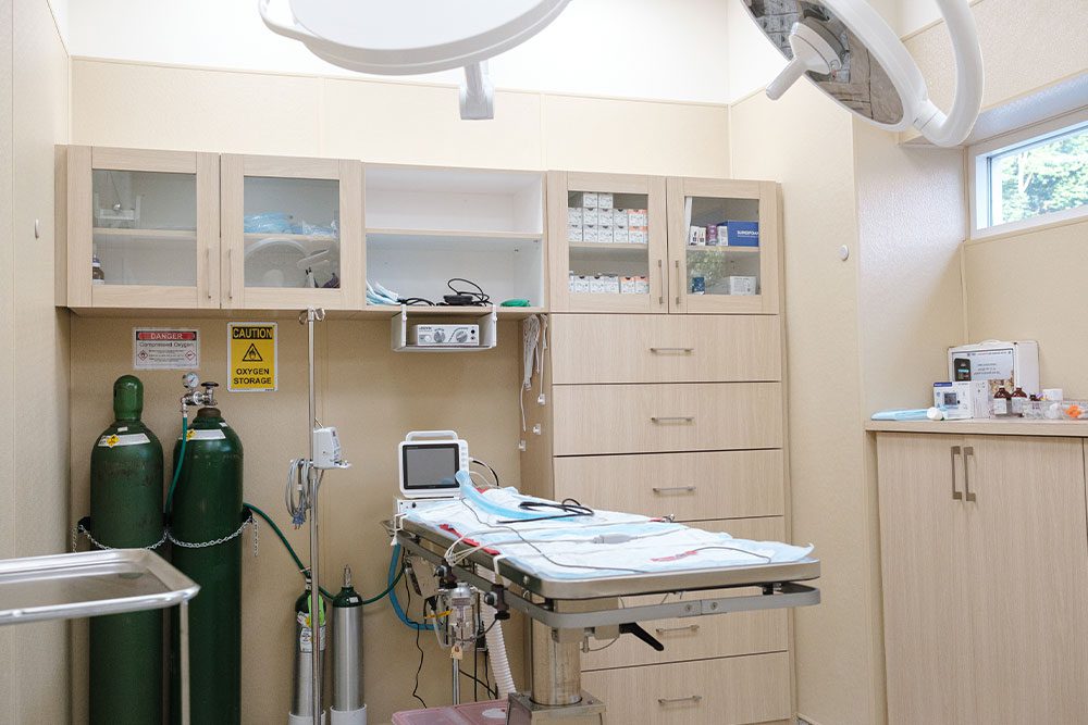 operating room with oxygen, operating table and two surgical lights